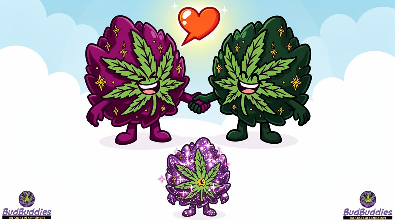 Cartoon cannabis buds showing Slurricane parent strain lineage