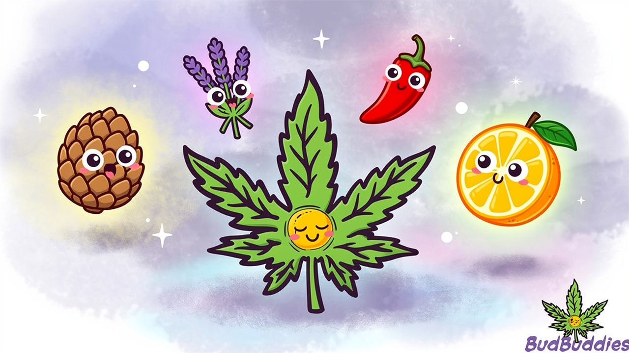 Cartoon terpene characters linked to Slurricane strain relaxation