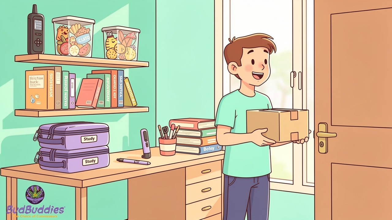 Cartoon student receiving discreet package with tidy storage
