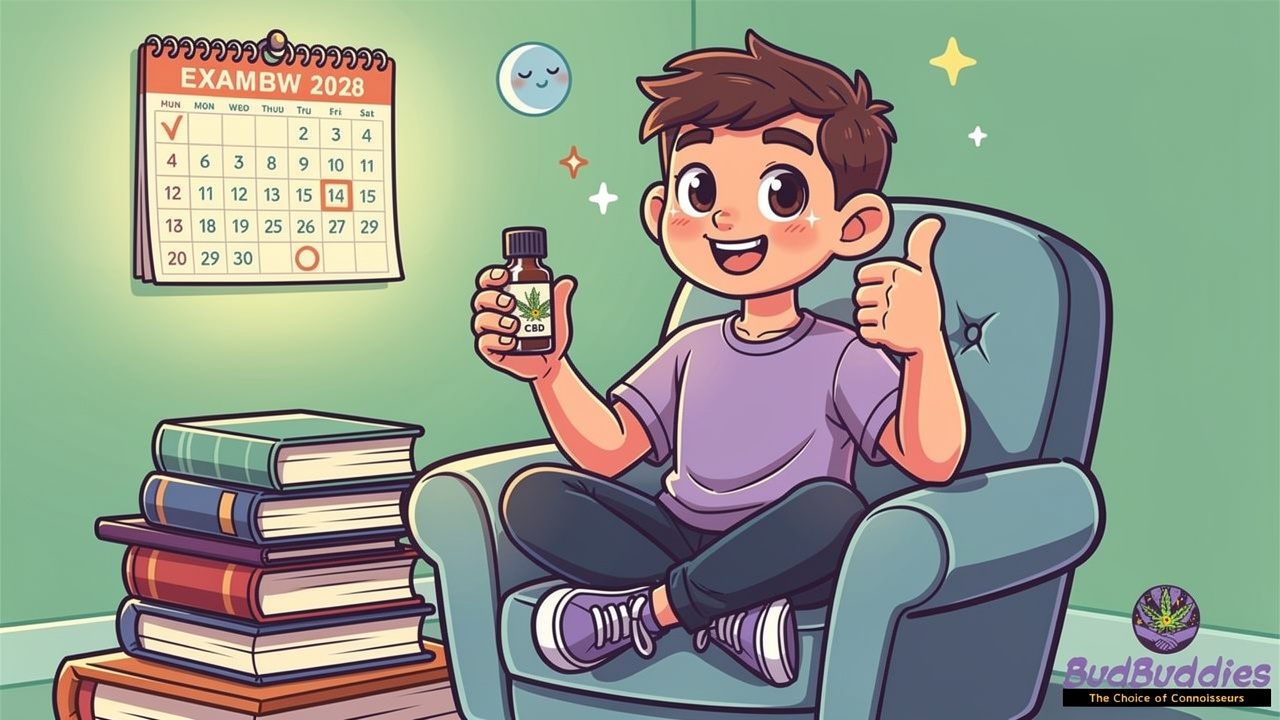 Cartoon student making smart informed cannabis choices during exams