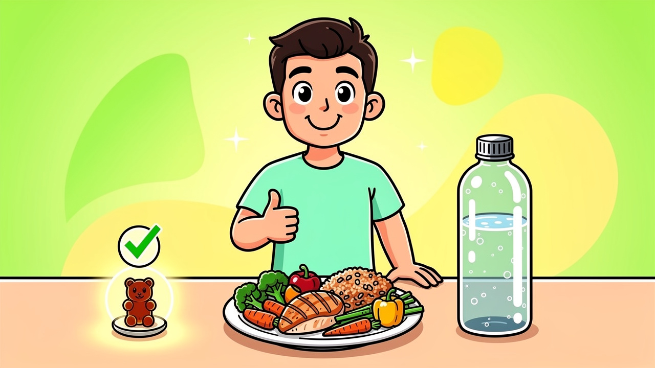 Cartoon character preparing with food and water before taking an edible