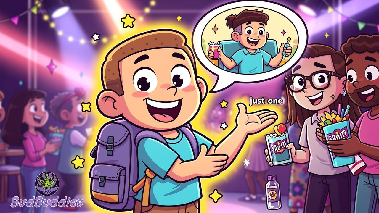 Confident cartoon character making smart cannabis choices at party