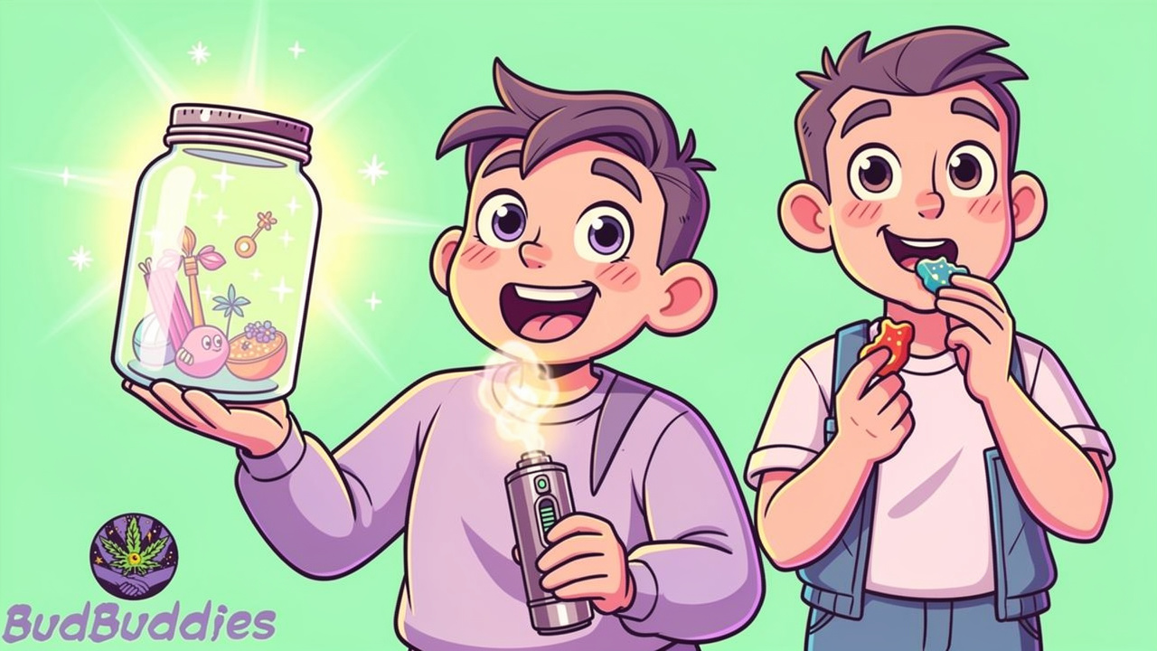 Cartoon characters showing low odour cannabis storage vaping and edibles