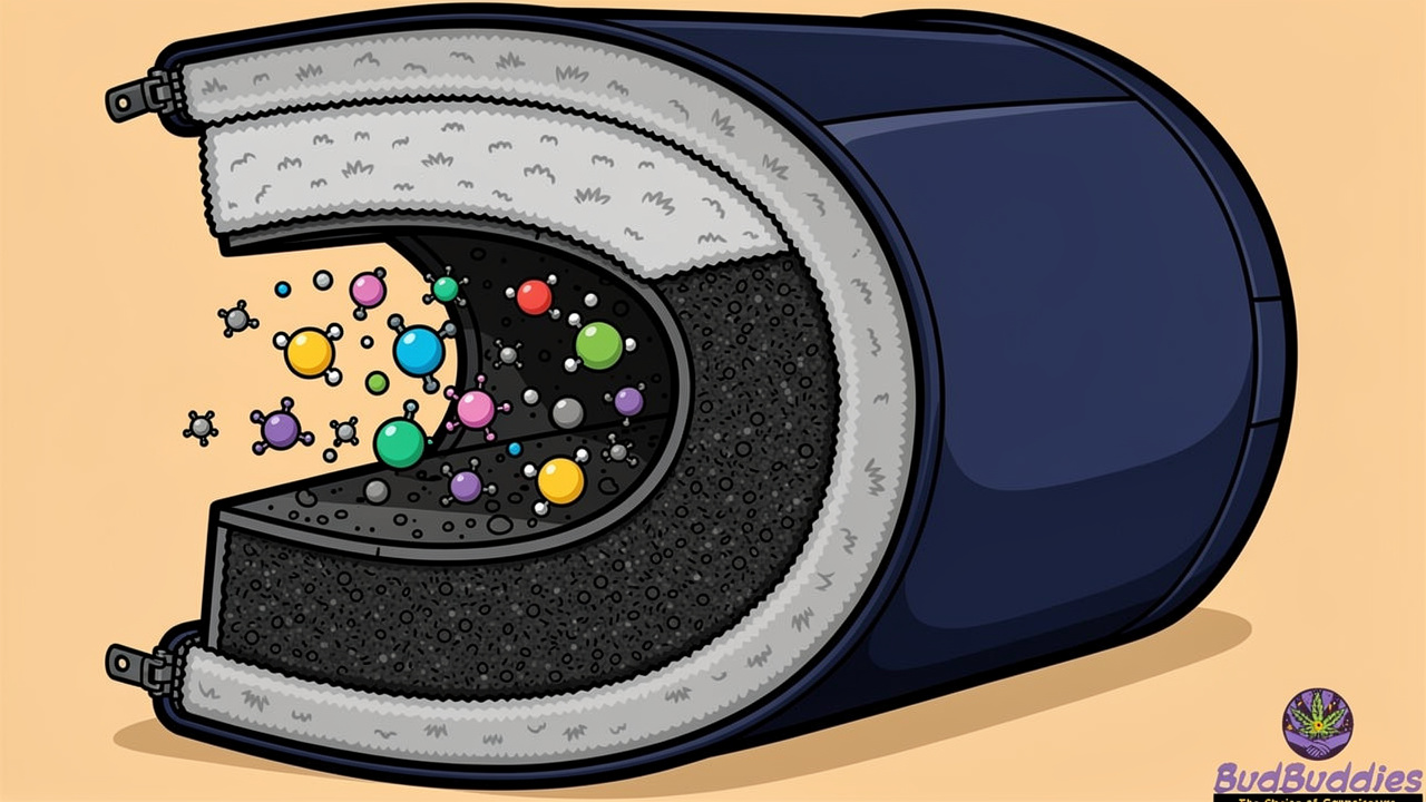 Cartoon cutaway showing activated carbon layers inside a smell proof bag