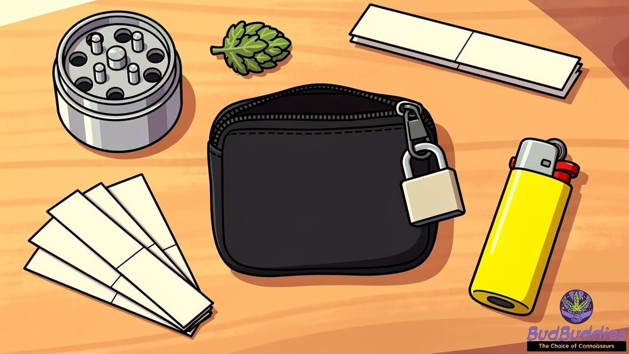 Cartoon flat lay of smell proof bag with student accessories on a desk
