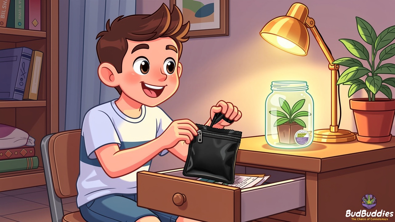 Cartoon student sealing a smell proof bag and placing it in a drawer