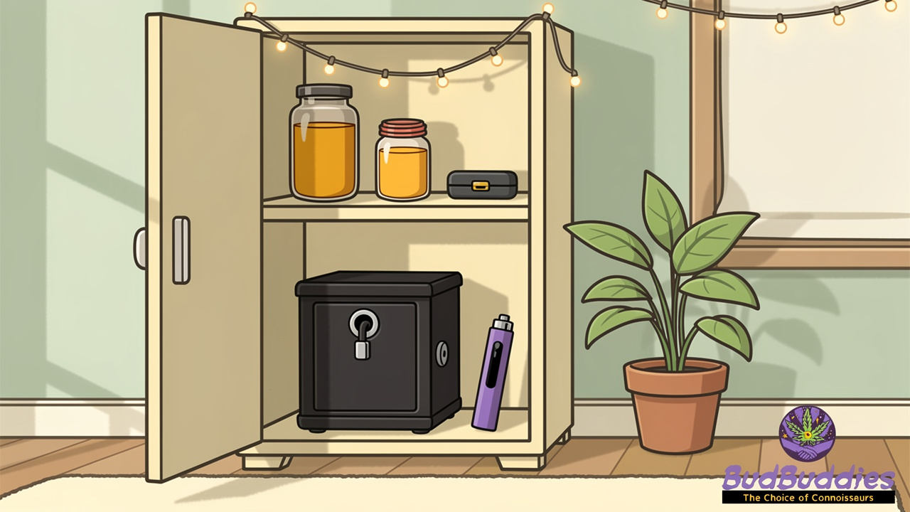 Cartoon tidy student room with smell proof box in wardrobe