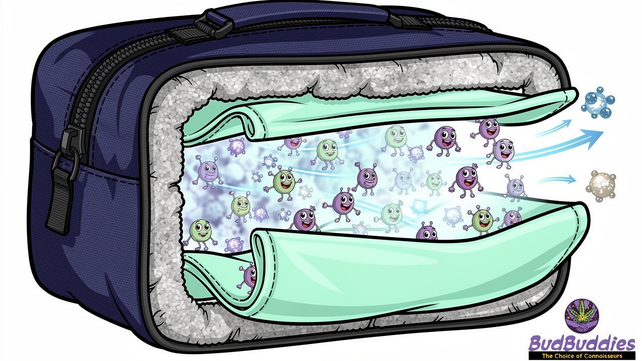 Cartoon diagram of activated carbon smell proof bag layers