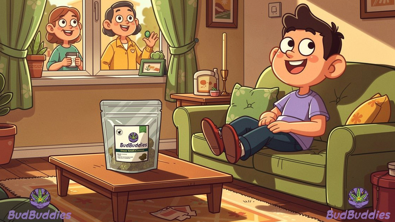 Cartoon character storing cannabis discreetly in a flat