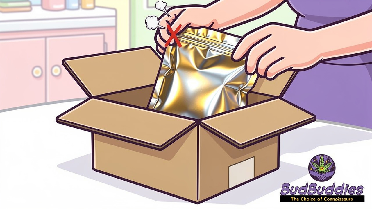 Cartoon hands sealing cannabis in airtight Mylar smell-proof bag