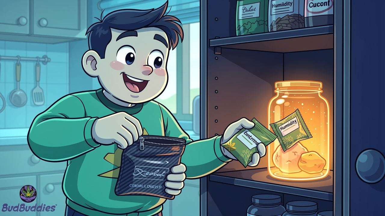 Cartoon character following smart cannabis storage habits