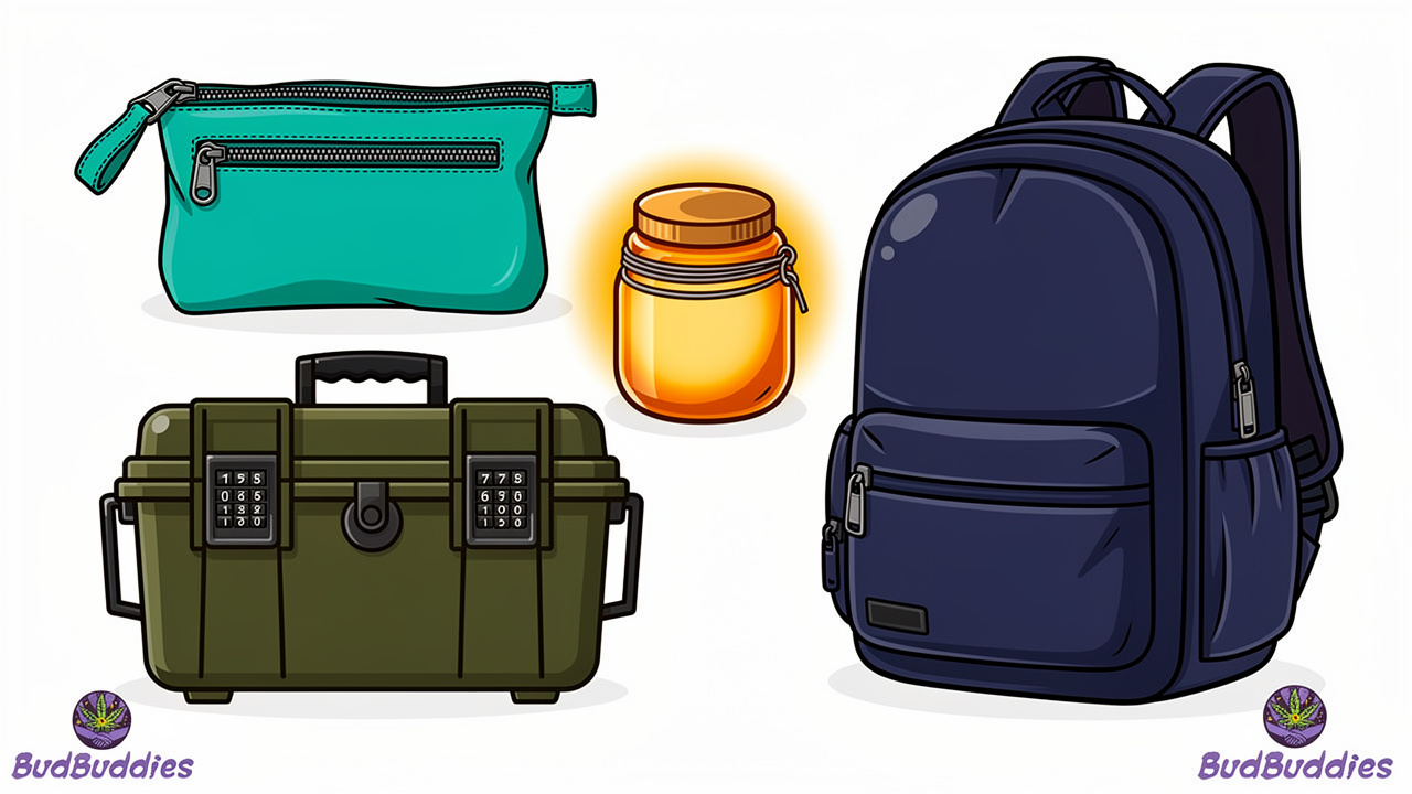 Cartoon flat lay of smell proof storage types for cannabis