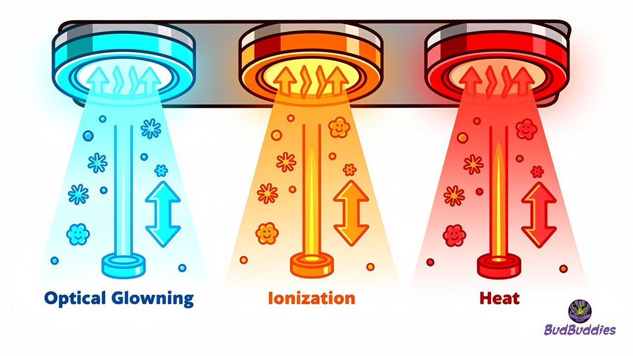 Three types of smoke alarms illustrated in cartoon style