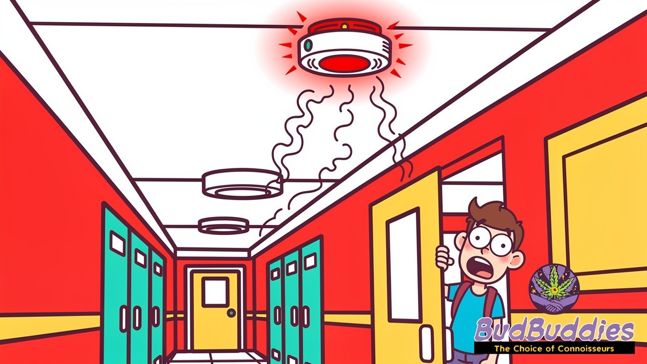 Cartoon smoke detector triggered by smoking in university halls
