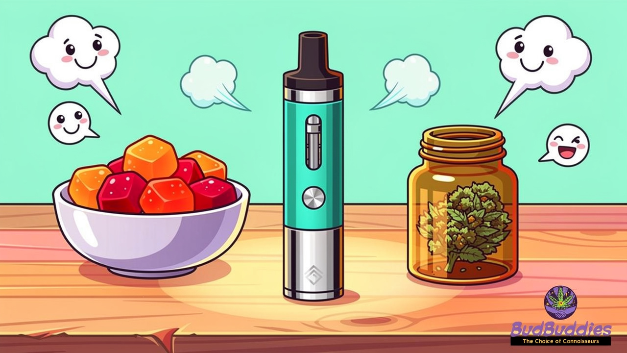 Cartoon smoke-free cannabis edibles and vape options displayed