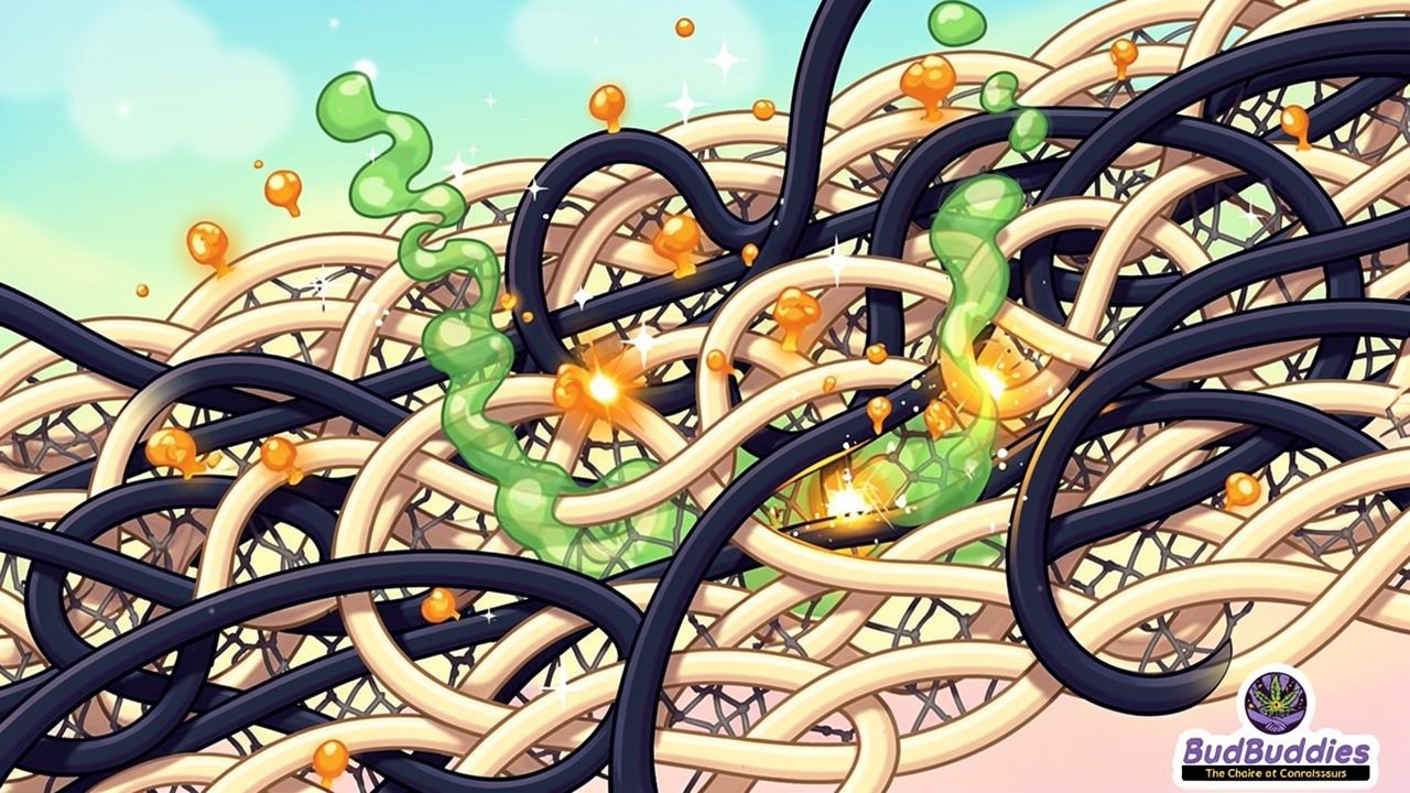 Cartoon diagram of smoke particles trapped in fabric fibres