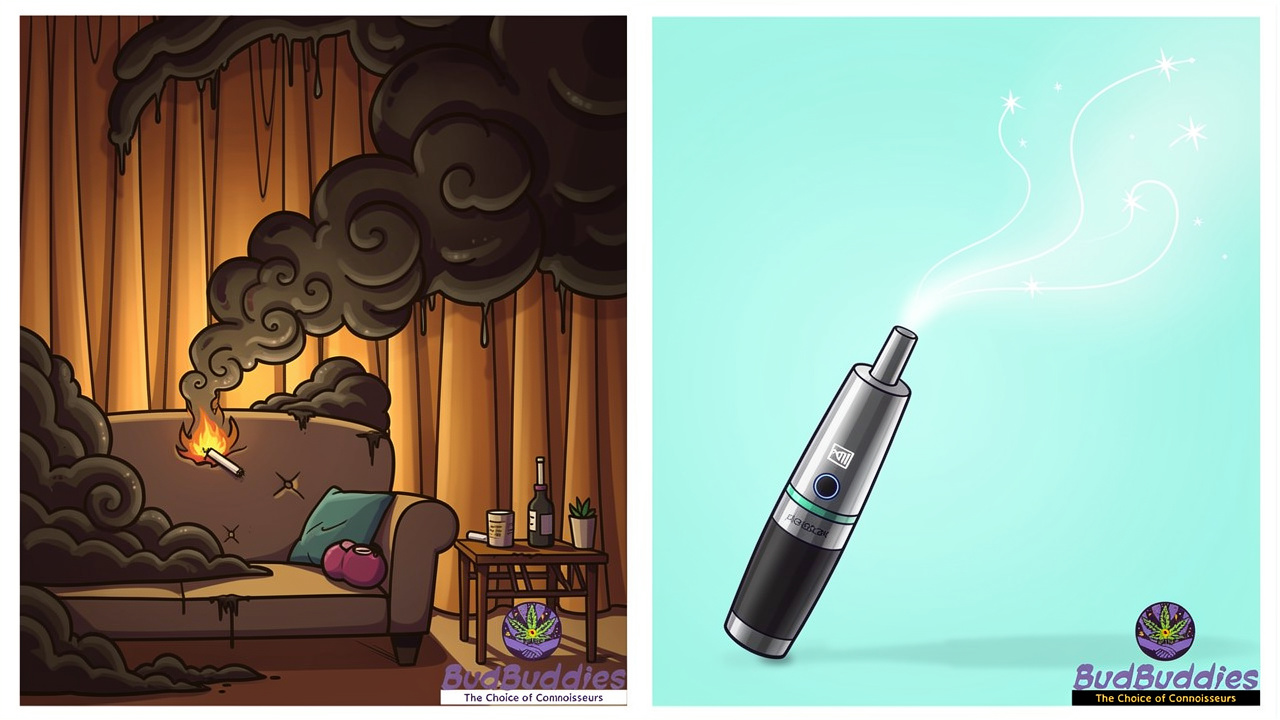 Cartoon comparison of thick smoke versus light vapour from a vaporiser