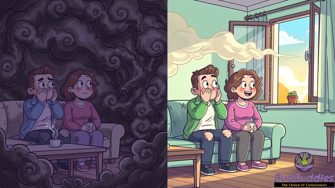 Cartoon showing smoke versus clean vapour in shared home