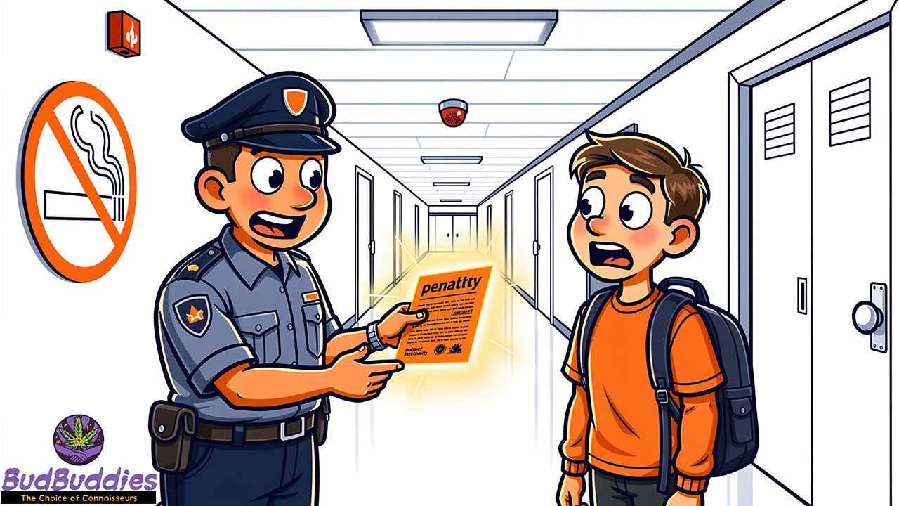 Cartoon warden issuing a smoking fine in student halls