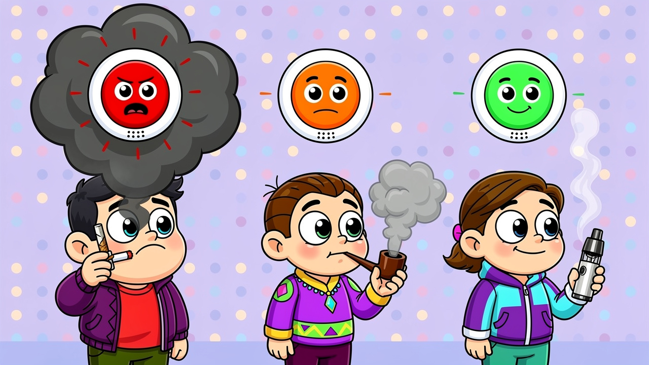 Cartoon comparison of smoking versus vaping and alarm risk