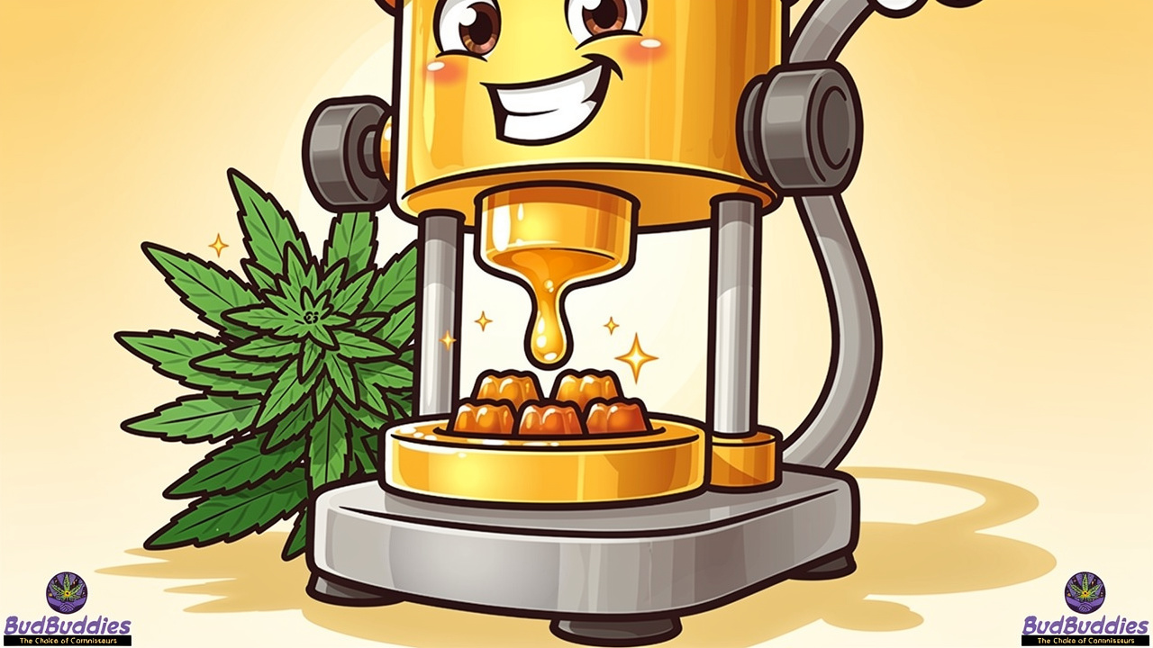 Cartoon showing solventless rosin extraction for premium gummies