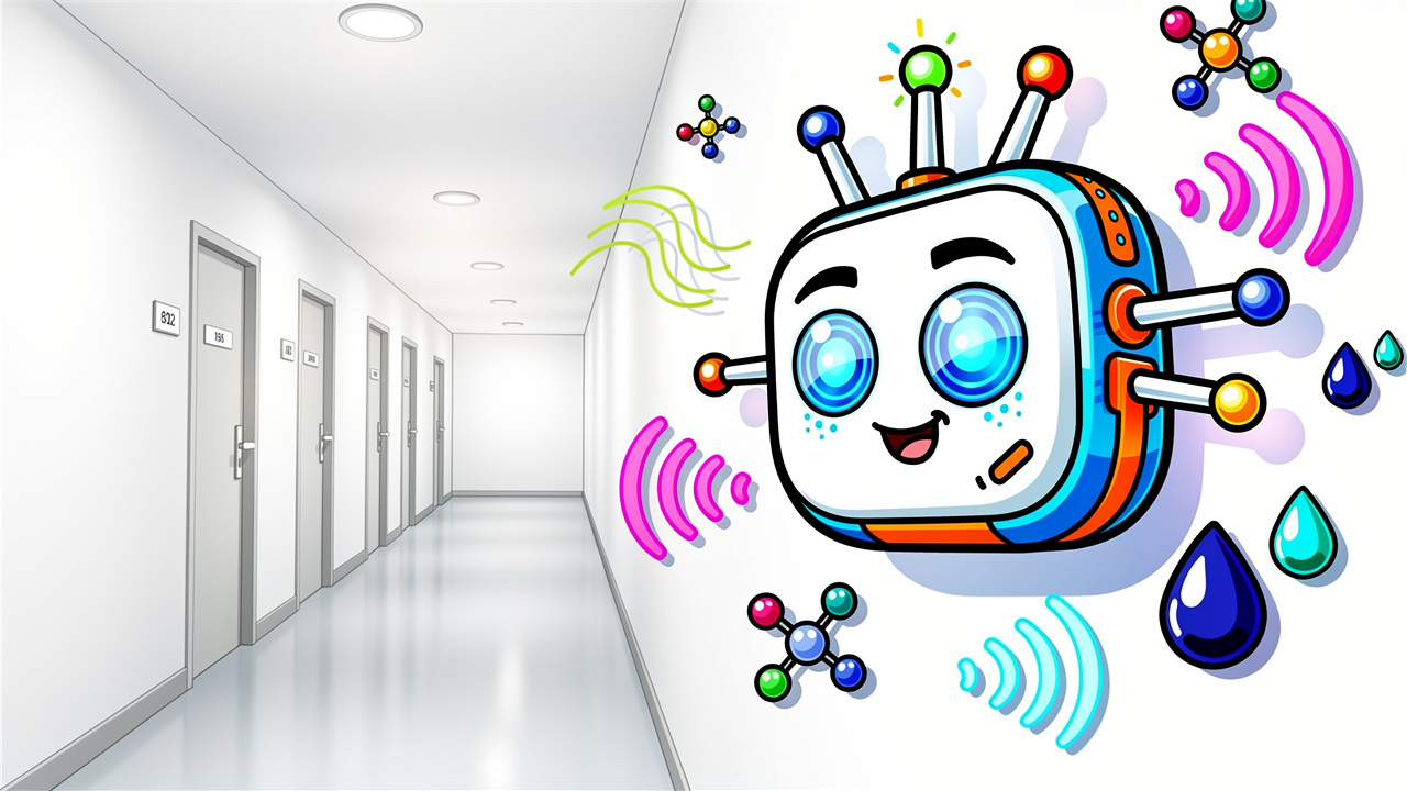 Cartoon smart sensor detecting cannabis vapour in hallway