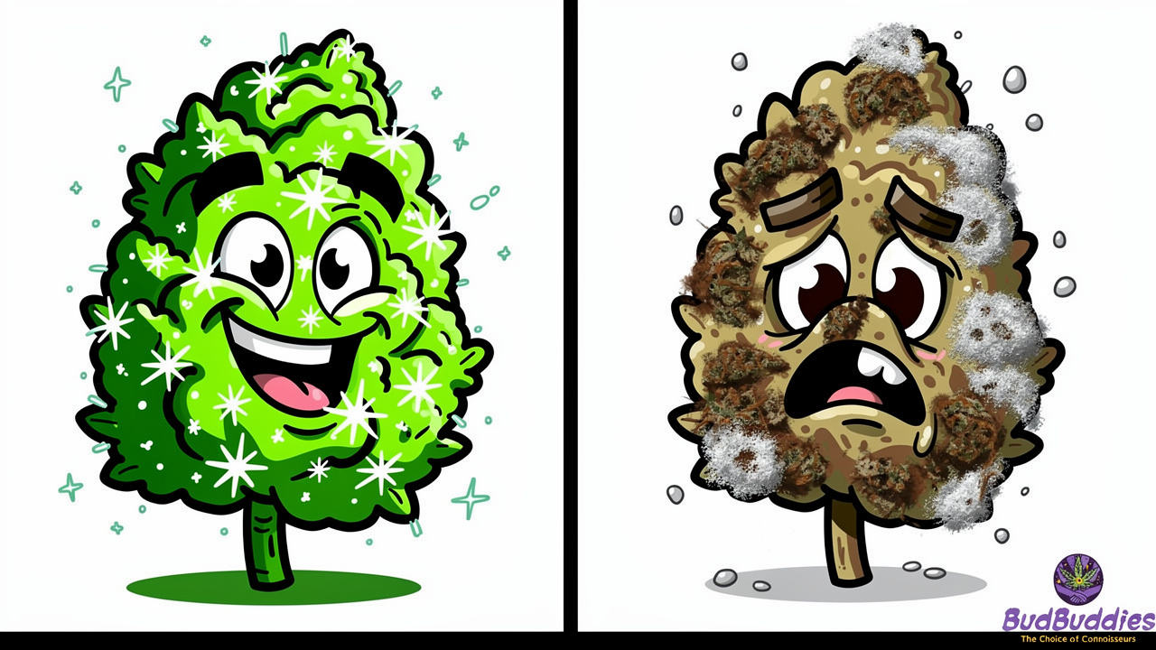 Cartoon comparison of fresh and spoiled cannabis buds