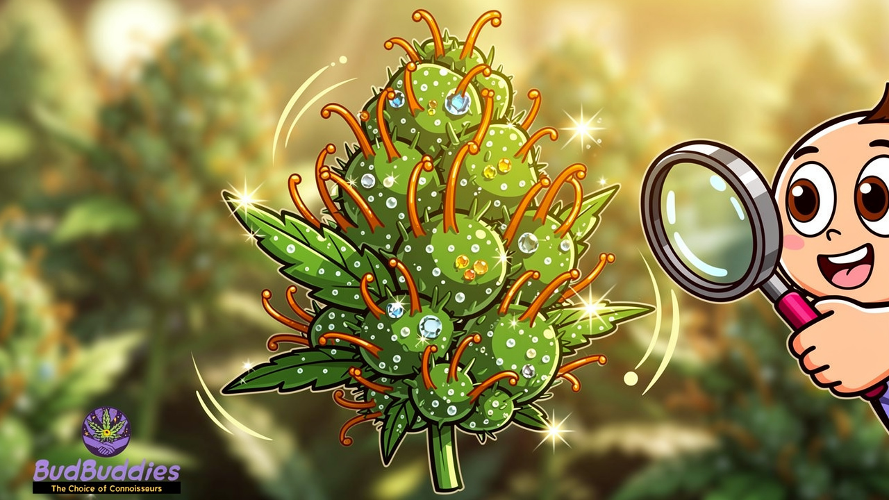 Animated illustration showing cannabis flower quality visual indicators