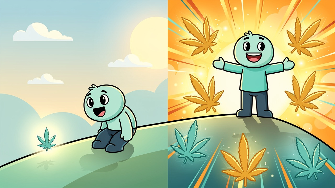 Cartoon beginner and experienced cannabis consumer comparing Stardawg suitability