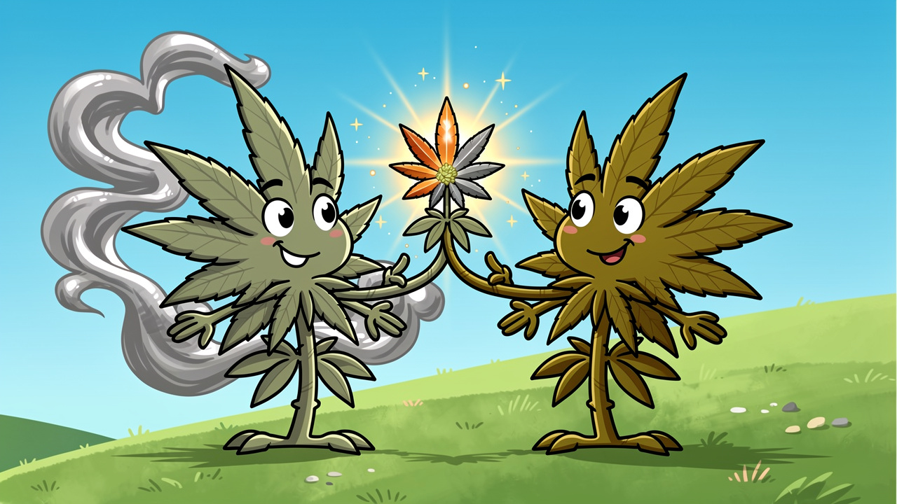 Cartoon parent cannabis plants representing Chemdawg and Tres Dawg genetics