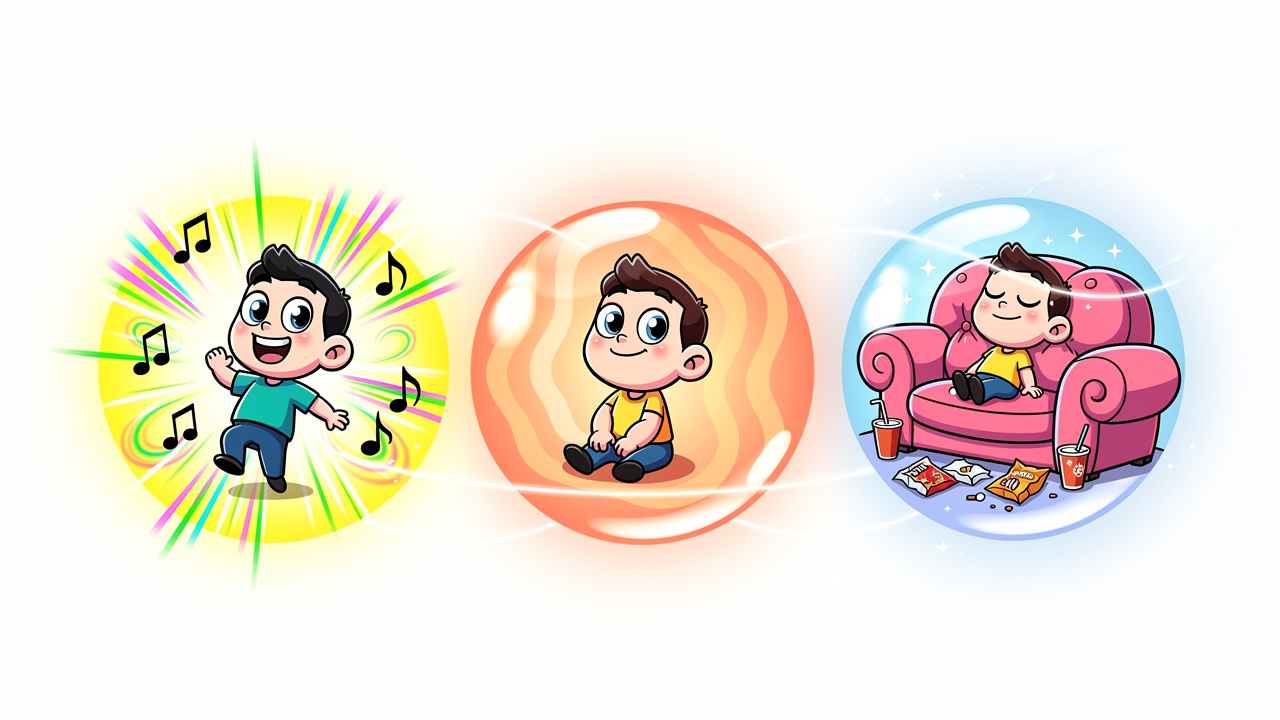 Cartoon showing three stages of Stardawg cannabis effects experience