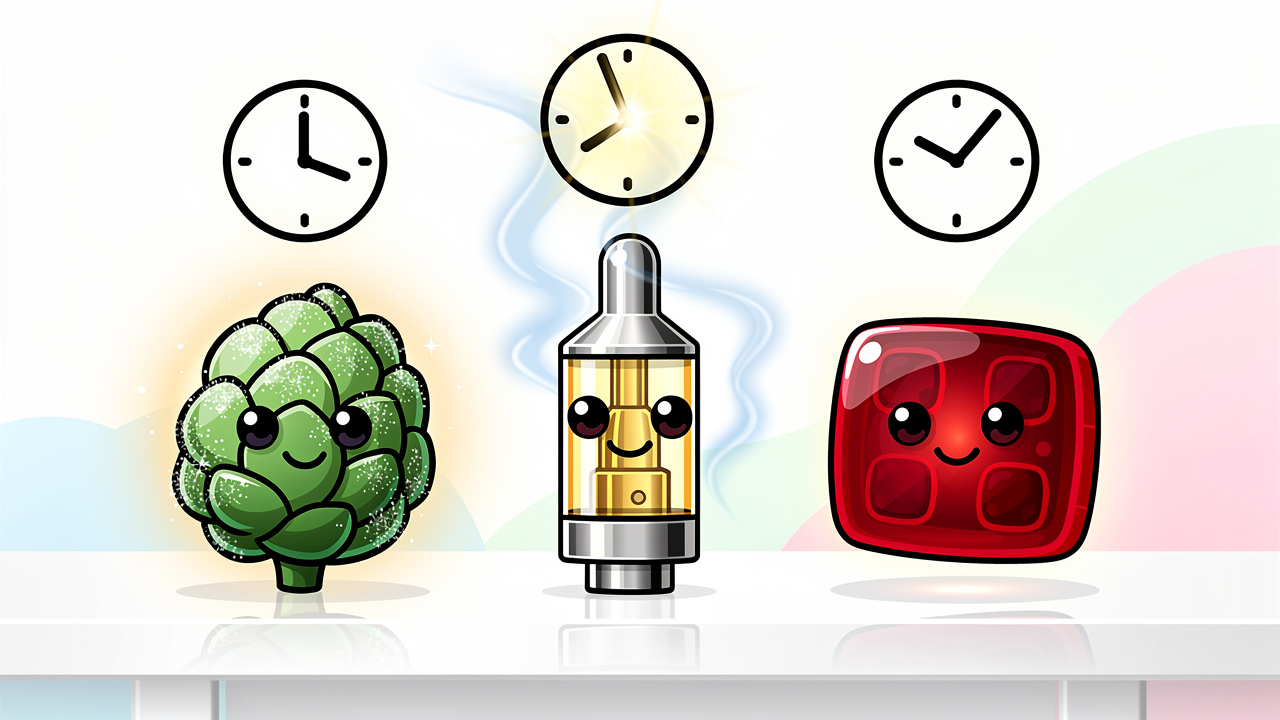 Cartoon cannabis flower vape and edible formats compared side by side