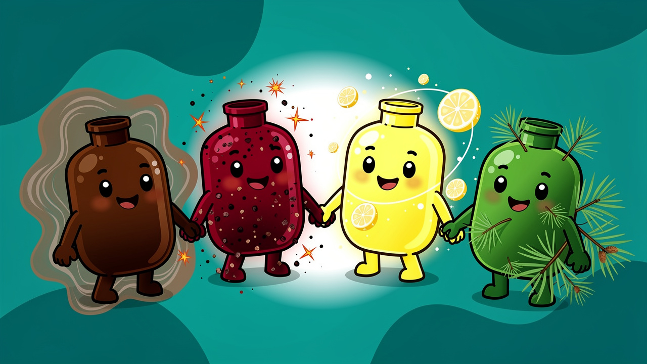 Cartoon terpene characters myrcene caryophyllene limonene pinene glowing together