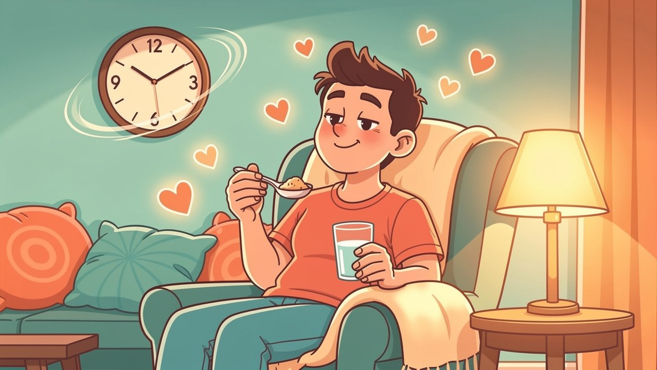 Cartoon character relaxing calmly with measured cannabis dose