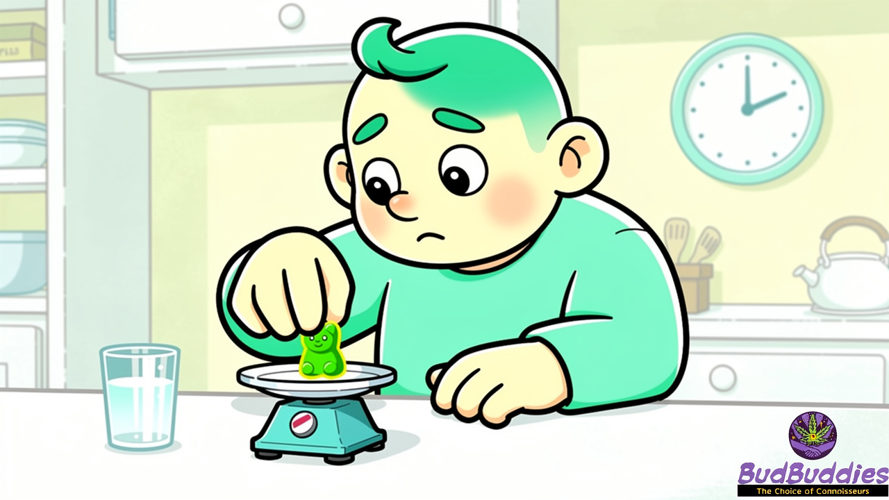 Cartoon character carefully measuring a small edible dose