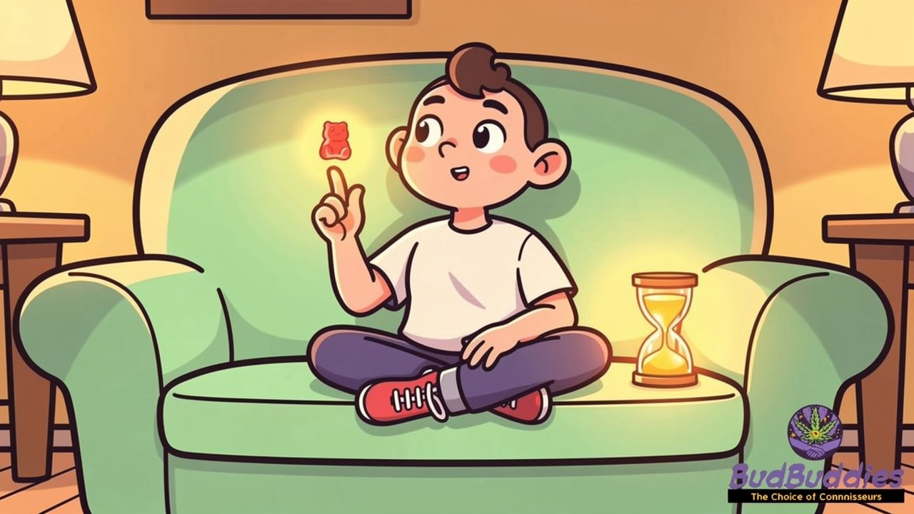 Cartoon character calmly dosing a single THC gummy on sofa