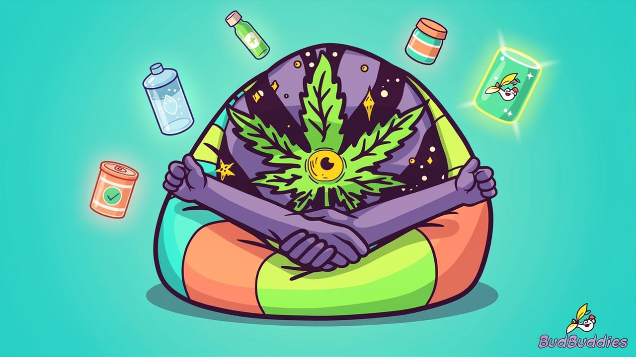 Cartoon character surrounded by hydration tips and drinks