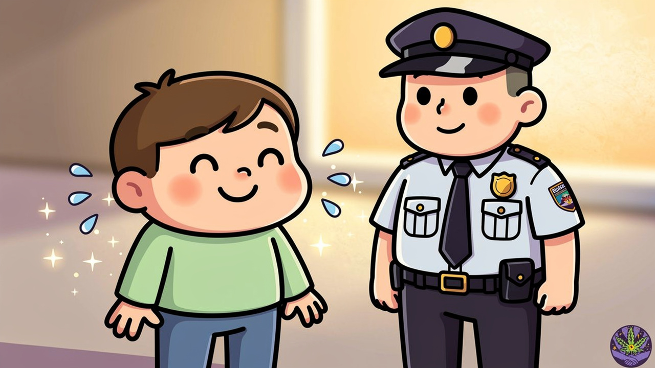 Calm cartoon character confidently speaking with security guard