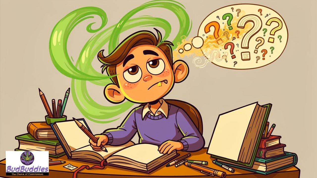 Cartoon student struggling to study while high on cannabis