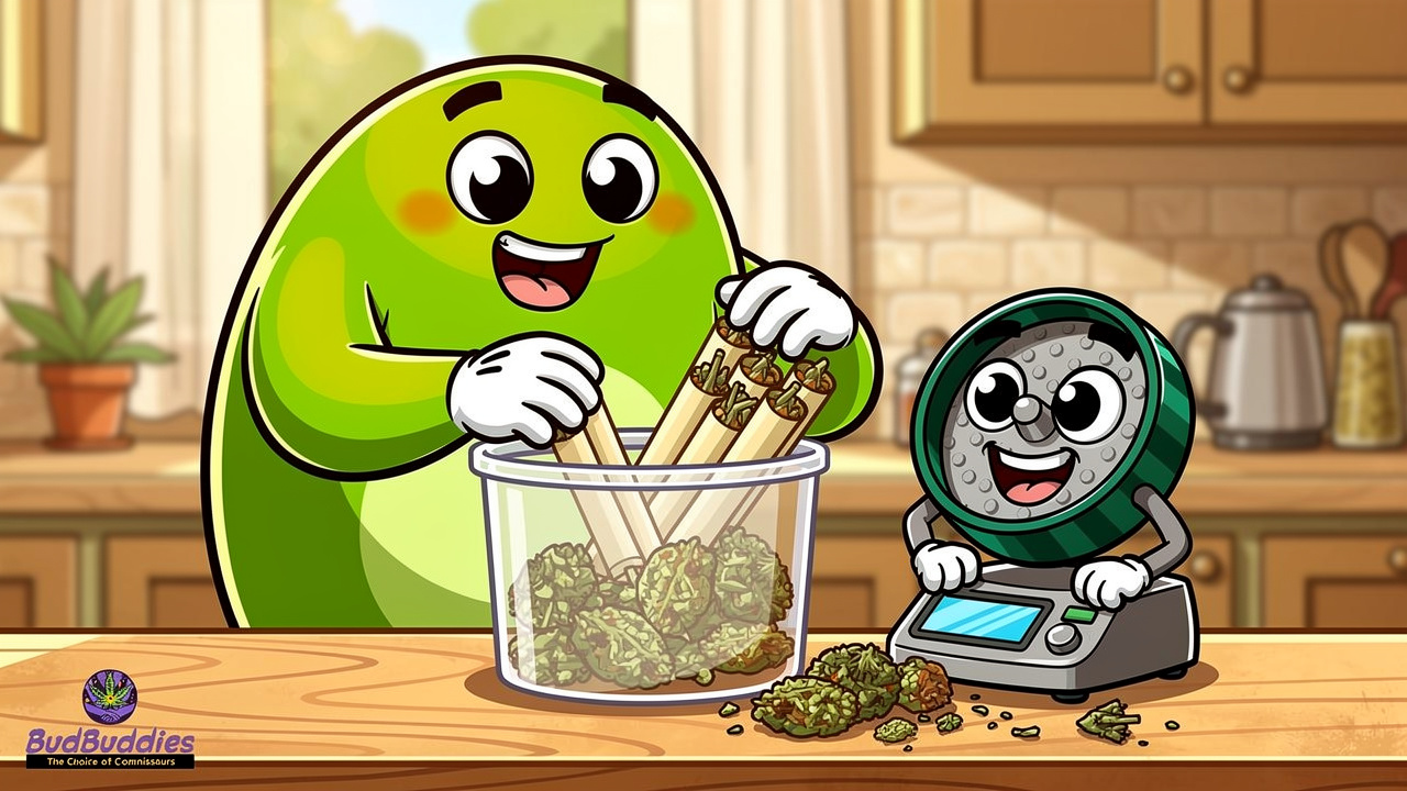 Cartoon scene of weighing and storing cannabis to save flower