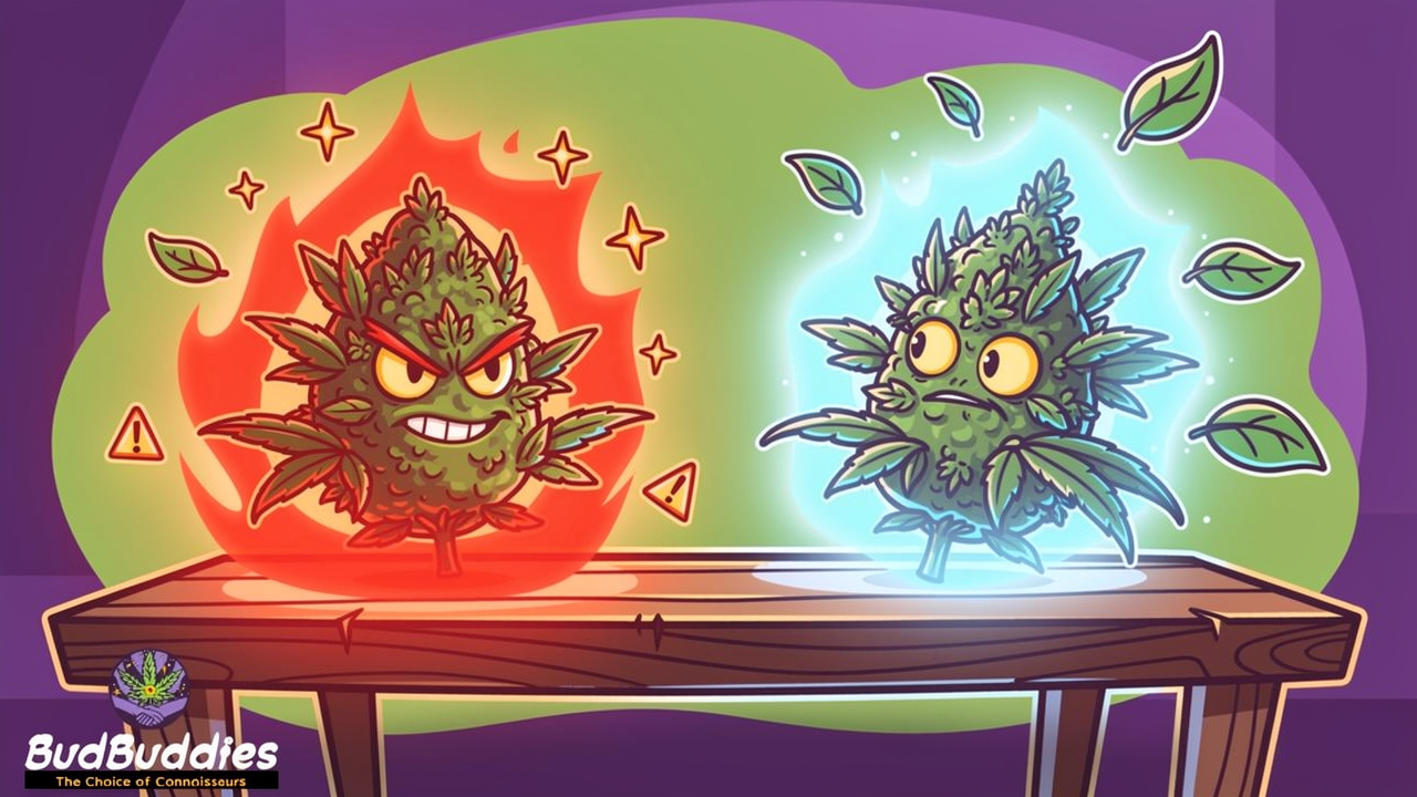 Cartoon cannabis buds comparing high THC and balanced CBD