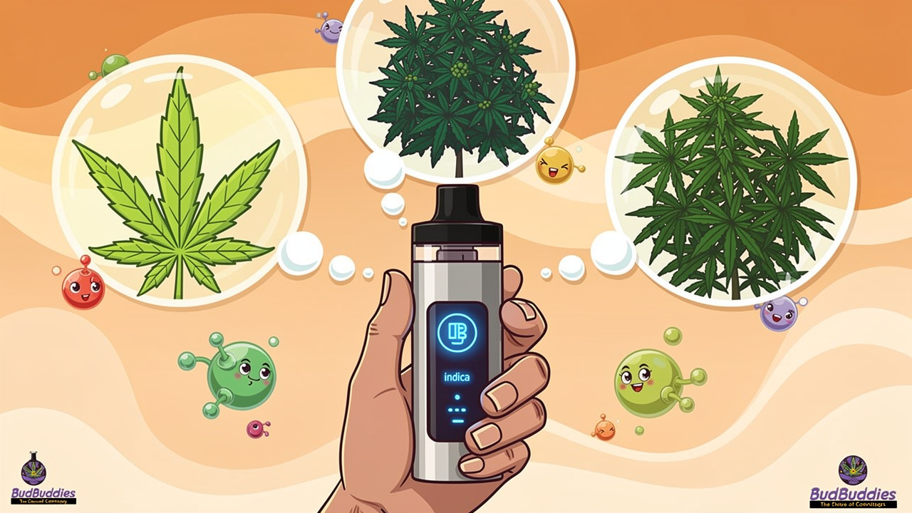 Cartoon guide showing different cannabis strains and appropriate temperature selection