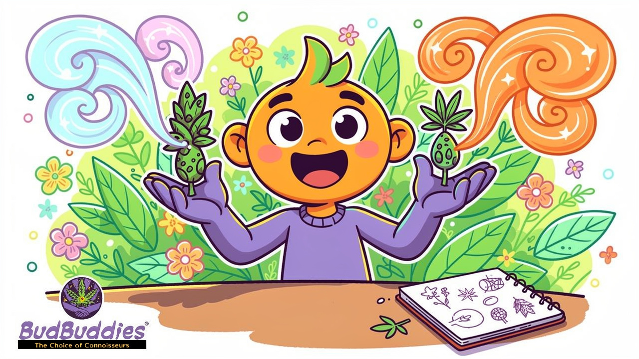 Cartoon illustration comparing cannabis strains and terpenes