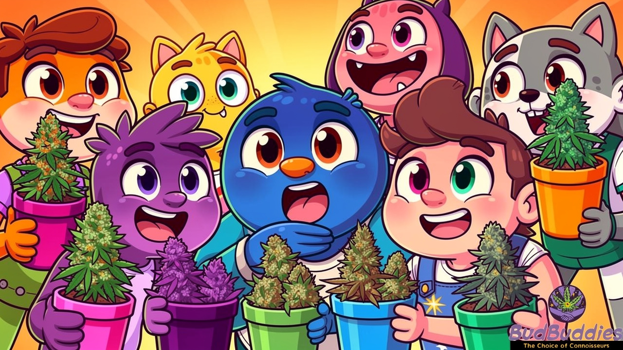 Cartoon characters displaying variety of cannabis strains for bulk orders