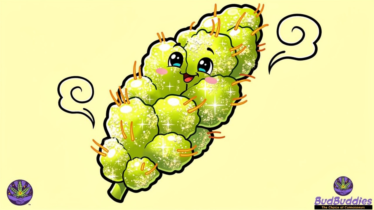 Cartoon frosty cannabis bud with vivid trichome detail