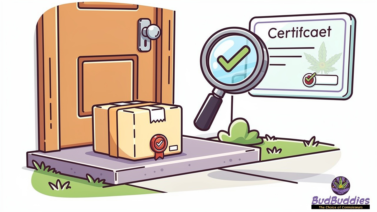 Cartoon lab-tested cannabis parcel with certificate icon