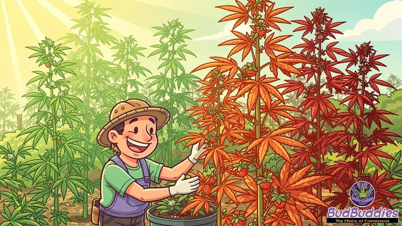 Cartoon gardener growing sativa cannabis plant genetics
