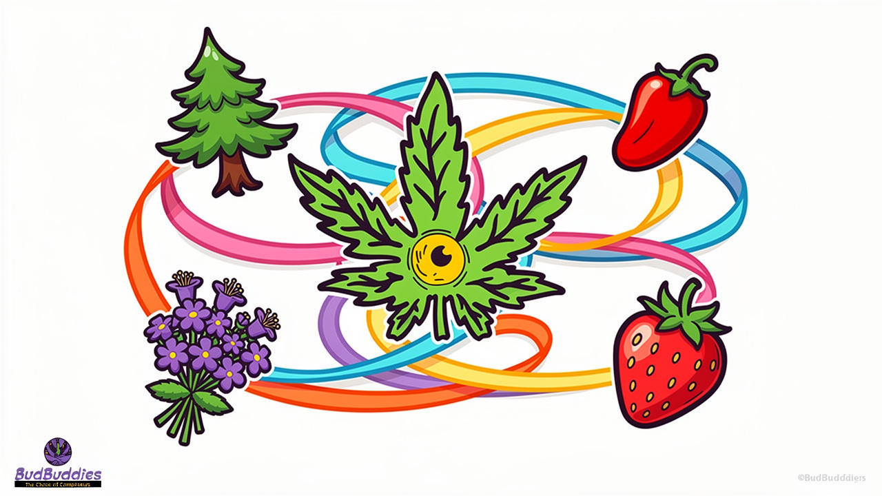 Cartoon icons representing cannabis terpene flavour compounds