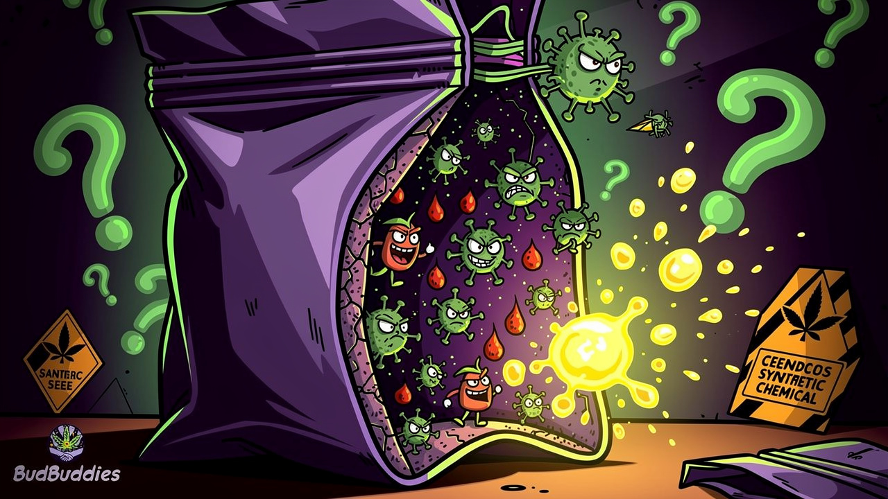 Cartoon showing hidden contaminants lurking inside street cannabis