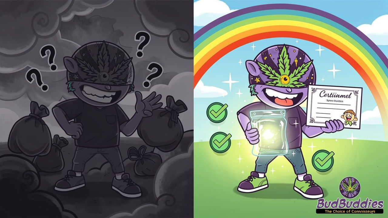 Cartoon showing transformation from street weed to informed cannabis choice